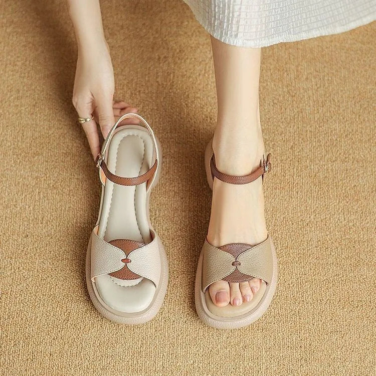 Women's khaki chunky heel platform sandals with open toe and renewable leather upper.