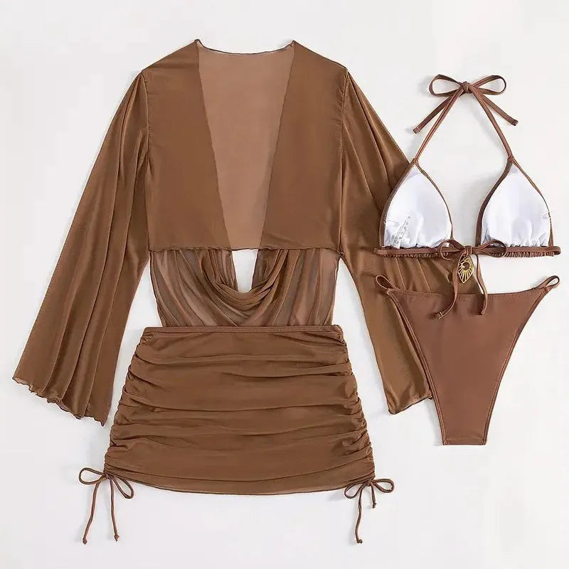 Women's black lace-up back bikini swimsuit laid flat, showing two-piece design and adjustable lacing.