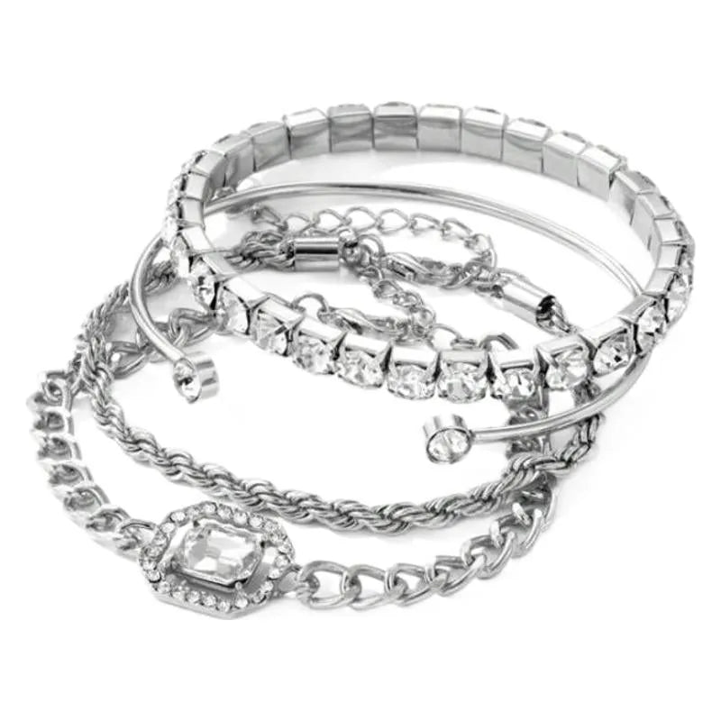 Retro geometric alloy bracelet set with metal chain square diamond design in gold or silver four-piece women's jewellery