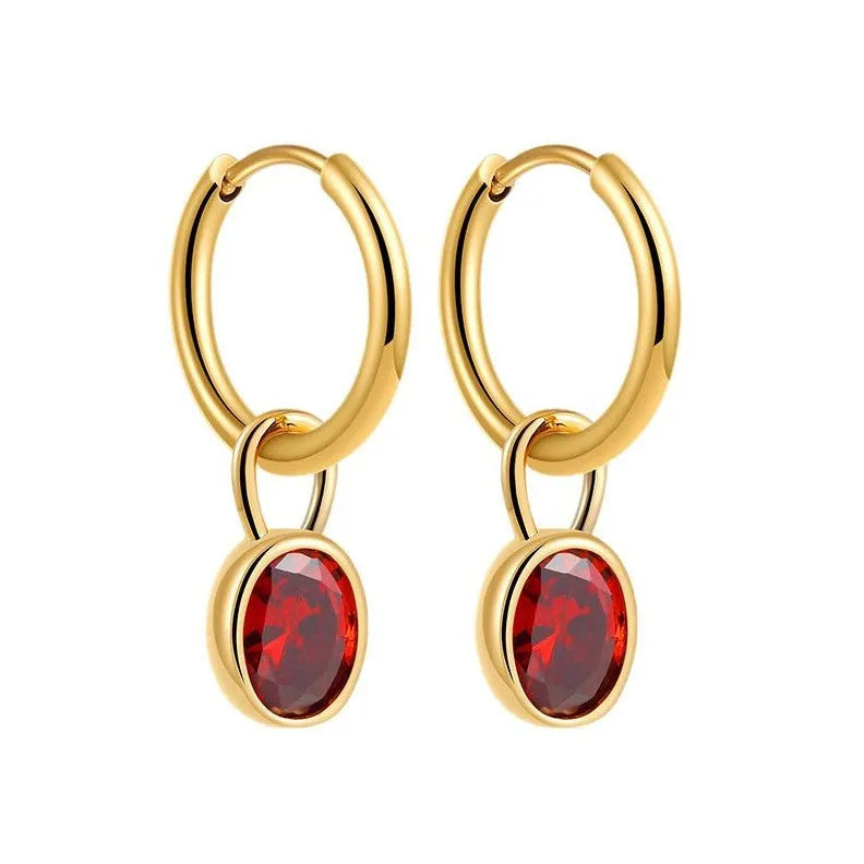 Women's retro simple oval zircon earrings in copper, showing the elliptical design on a model.