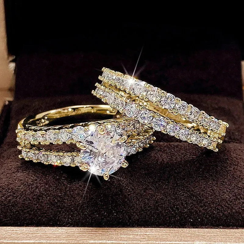 2-in-1 women's fashion ring set with fully set round stones in silver, gold, or rose gold finish