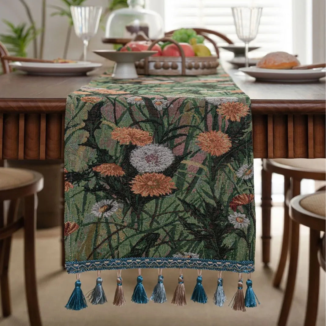 American-style jacquard table runner with long tassels, floral patterns, available in multiple colours and sizes