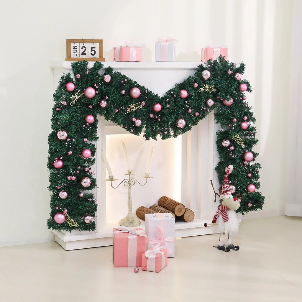2.7-metre pink Christmas rattan vine decoration with 240 PVC fruit head ornaments in Korea style