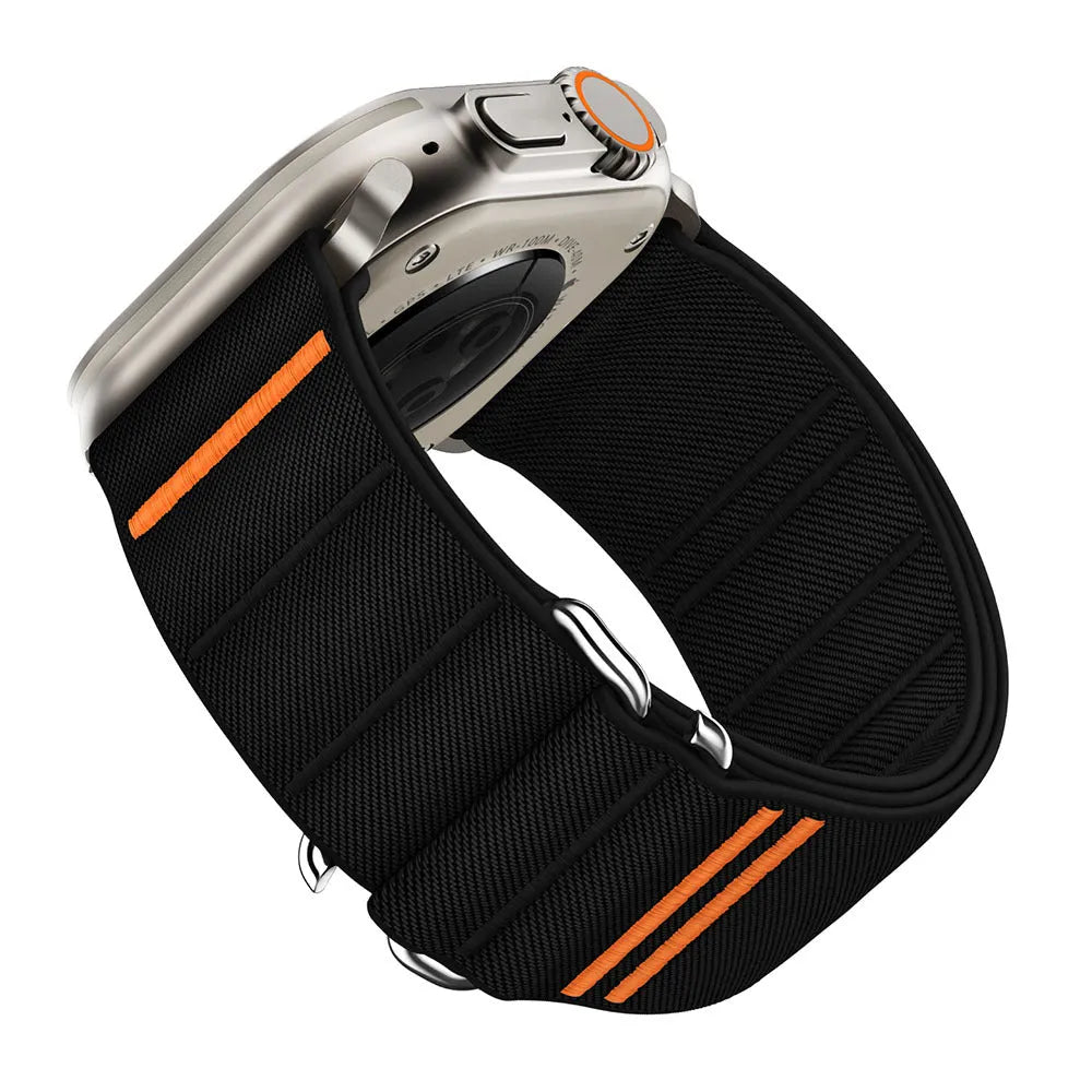 Elastic nylon watchband with stainless steel buckle for Apple Watch in multiple colour options.