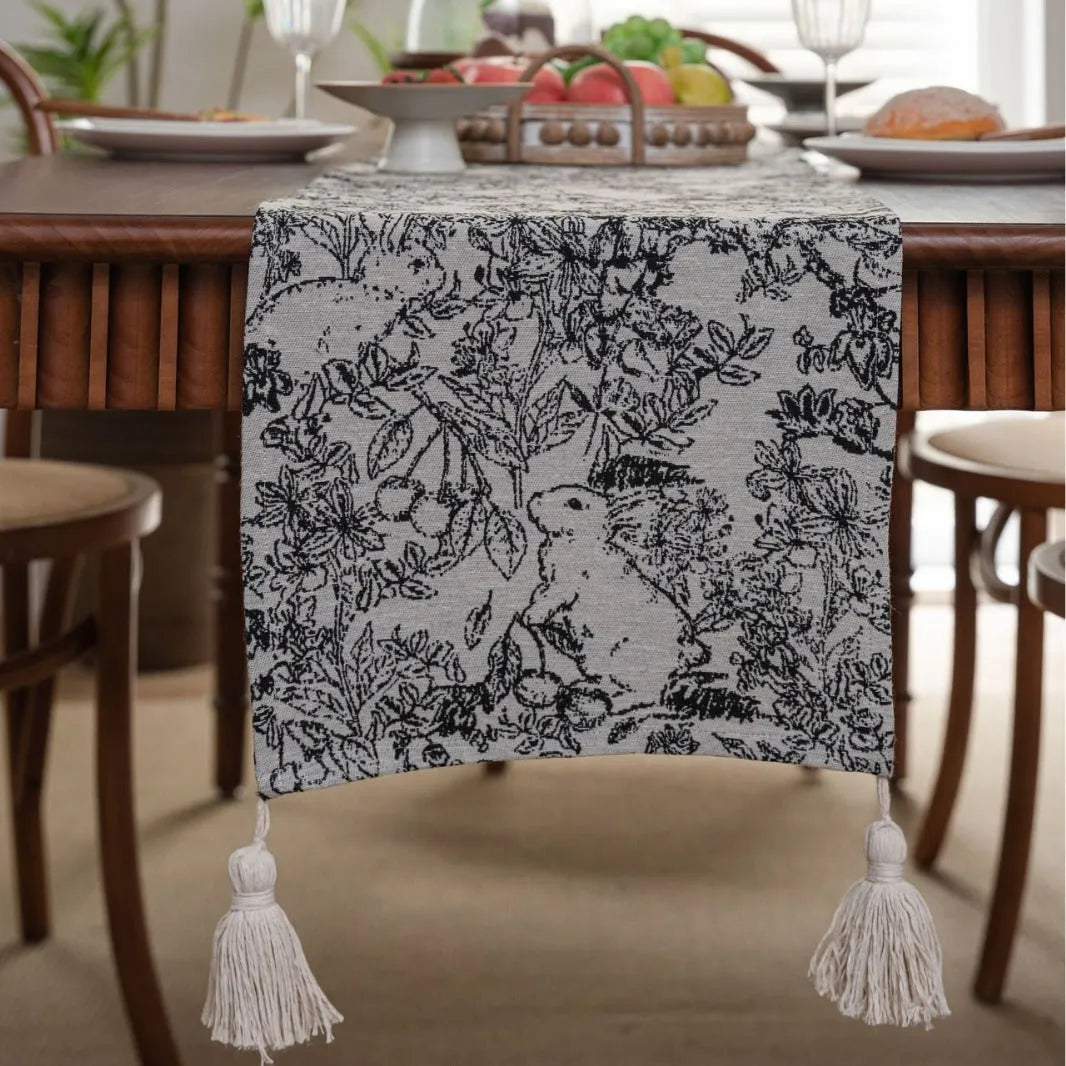 American-style jacquard table runner with long tassels, floral patterns, available in multiple colours and sizes