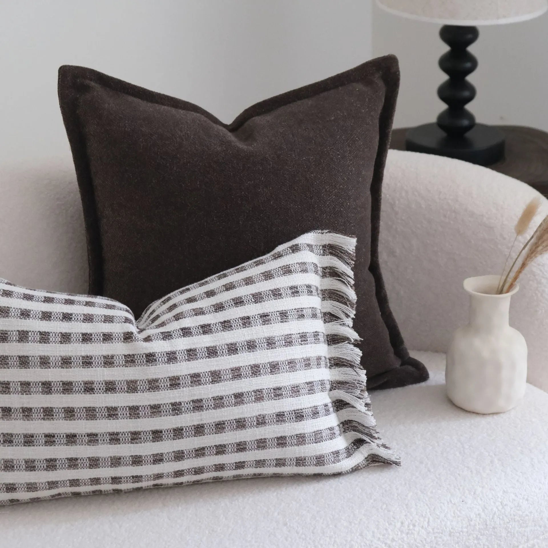 Coffee brown Chinese classical style cushion pillow on sofa in stripe and patchwork patterns