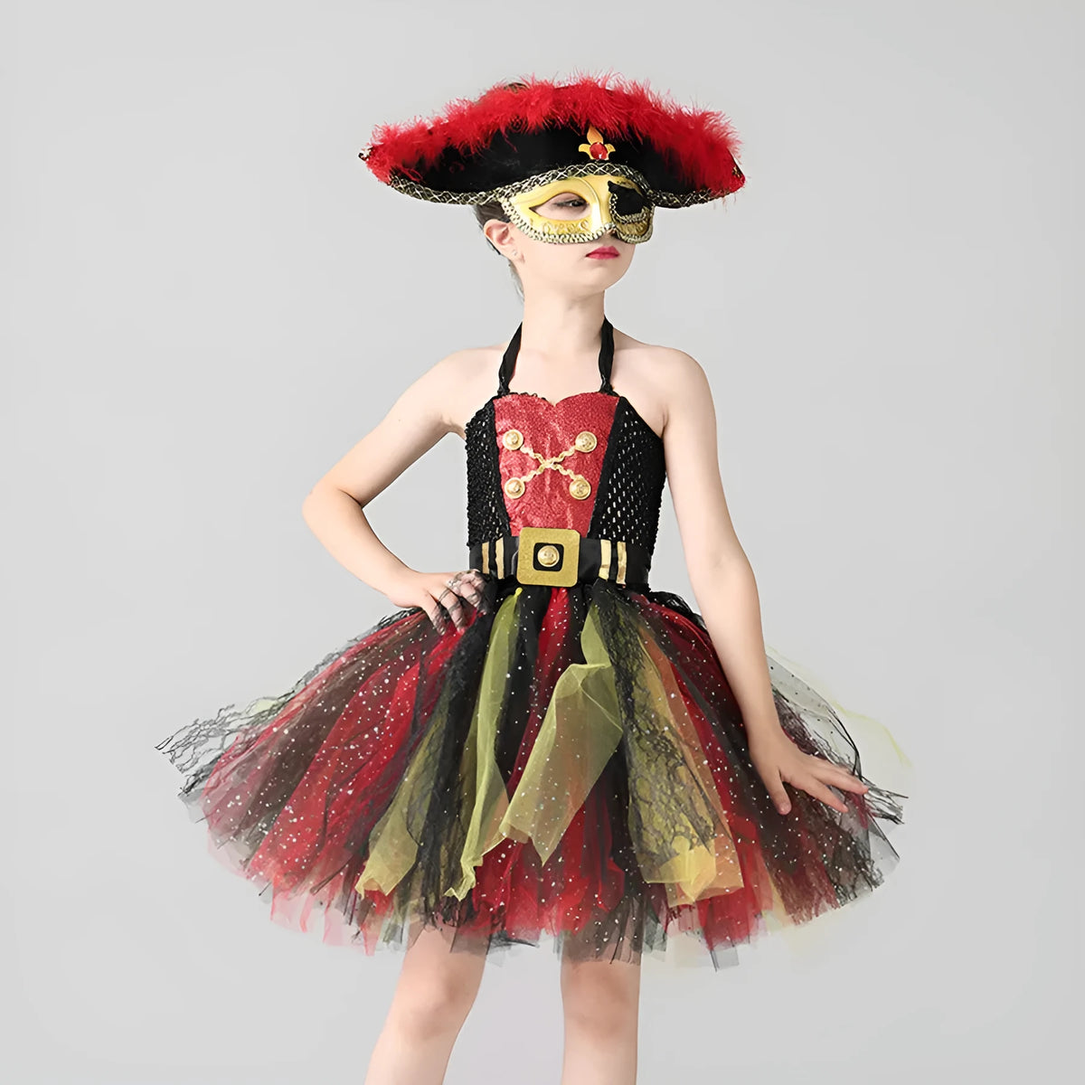 Girl's sleeveless Pirates of the Caribbean Halloween costume dress with sequins and mesh detail.