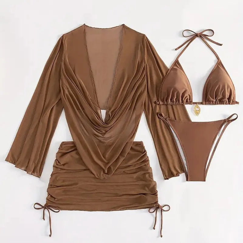 Women's black lace-up back bikini swimsuit laid flat, showing two-piece design and adjustable lacing.