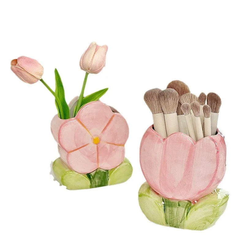 Ceramic flower pen holder storage box with floral pattern in blue, pink, or purple designs