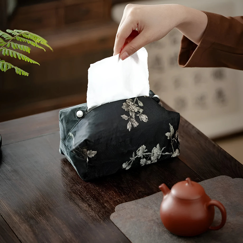 New Chinese style brocade tissue box cover with embroidered white plum design
