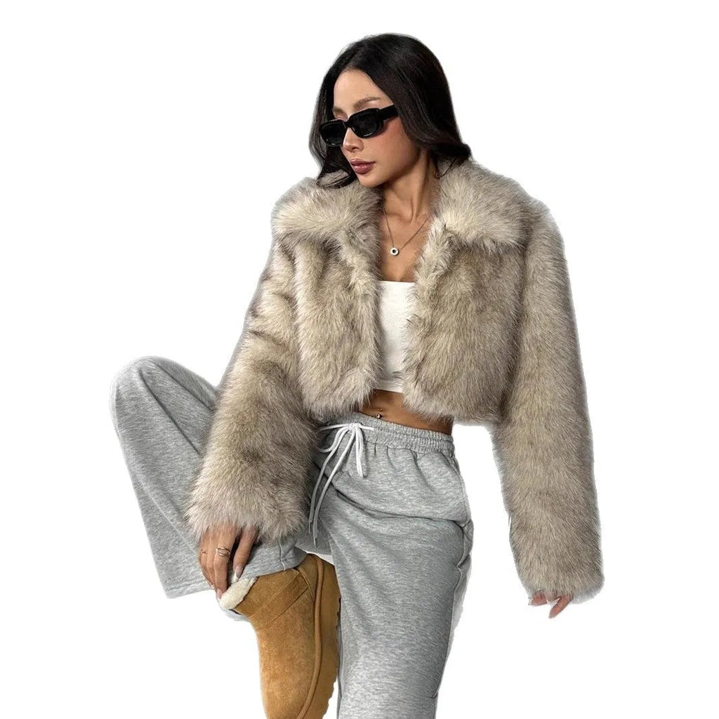 Artificial fox fur coat with fur collar in multiple colour options showing plush texture and winter styling