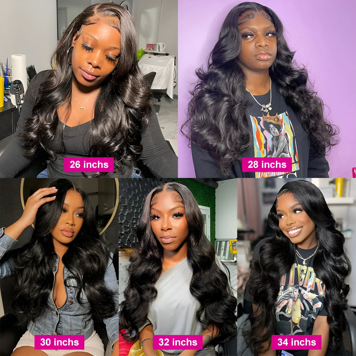 Black synthetic front lace wig with long curly hair and side bangs, shown on a model.