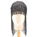 Belly dance hat with alloy tile and beaded tassels in black or silver finish
