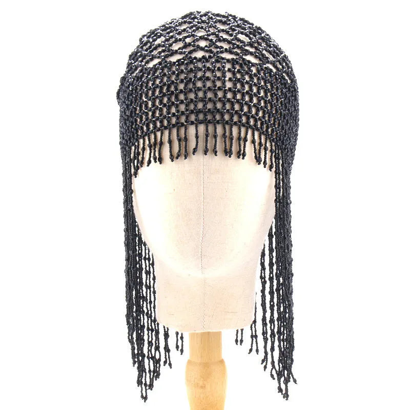 Belly dance hat with alloy tile and beaded tassels in black or silver finish