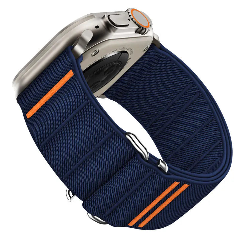 Elastic nylon watchband with stainless steel buckle for Apple Watch in multiple colour options.