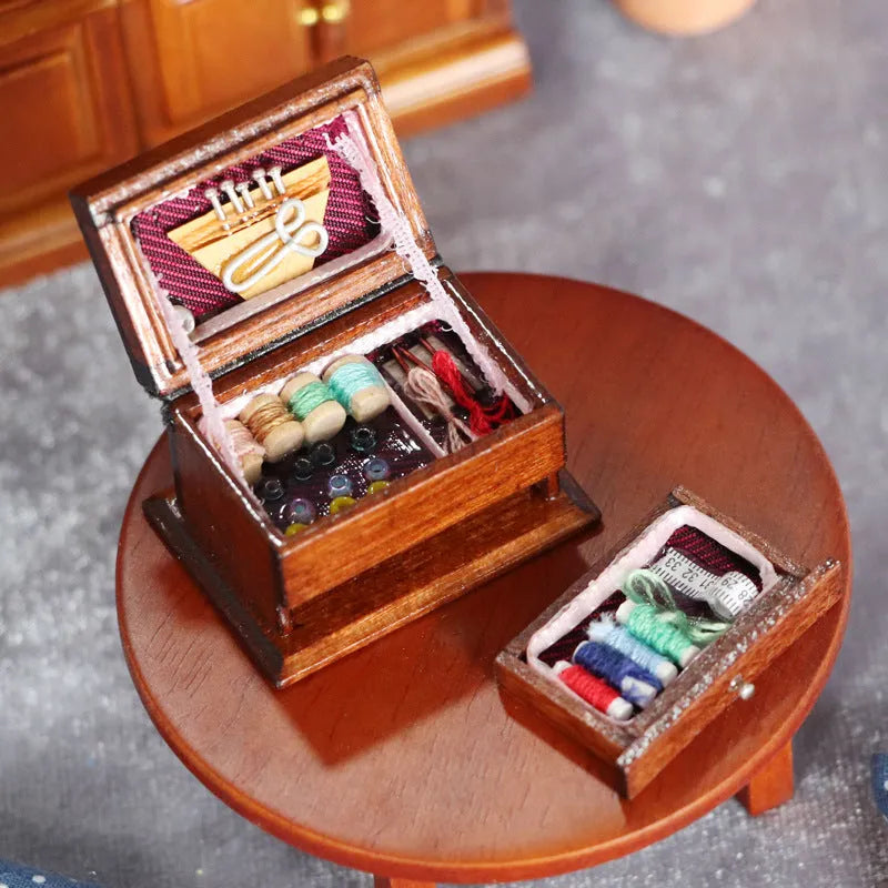 Miniature European style birch wood sewing box accessory for vintage sewing machines