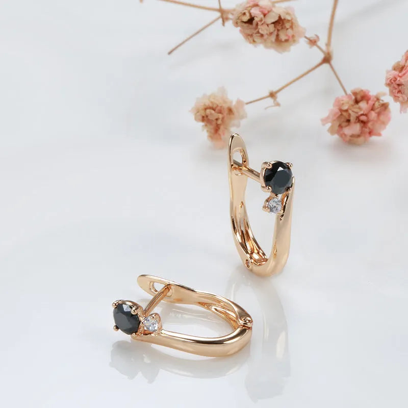 Black agate drop earrings with geometric retro design in gold-plated copper