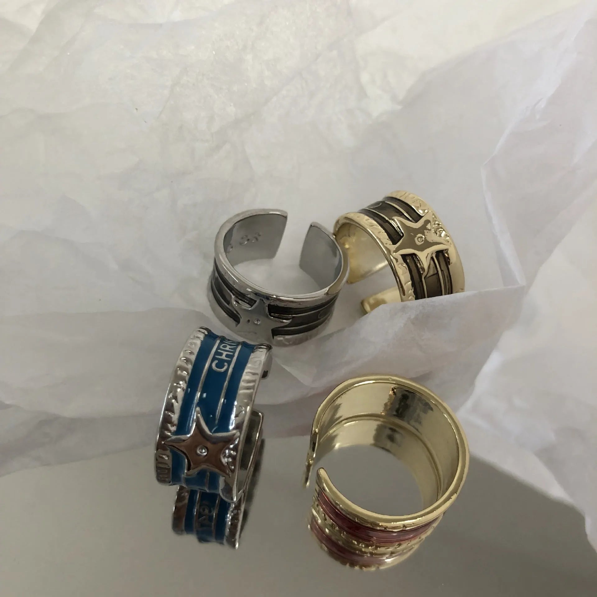 Adjustable copper geometry ring with distressed electroplated finish in four colour options