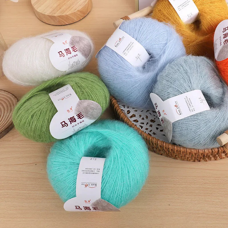 Mohair wool ball for DIY scarf knitting with 34 colour options including white, grey, pink, blue and green