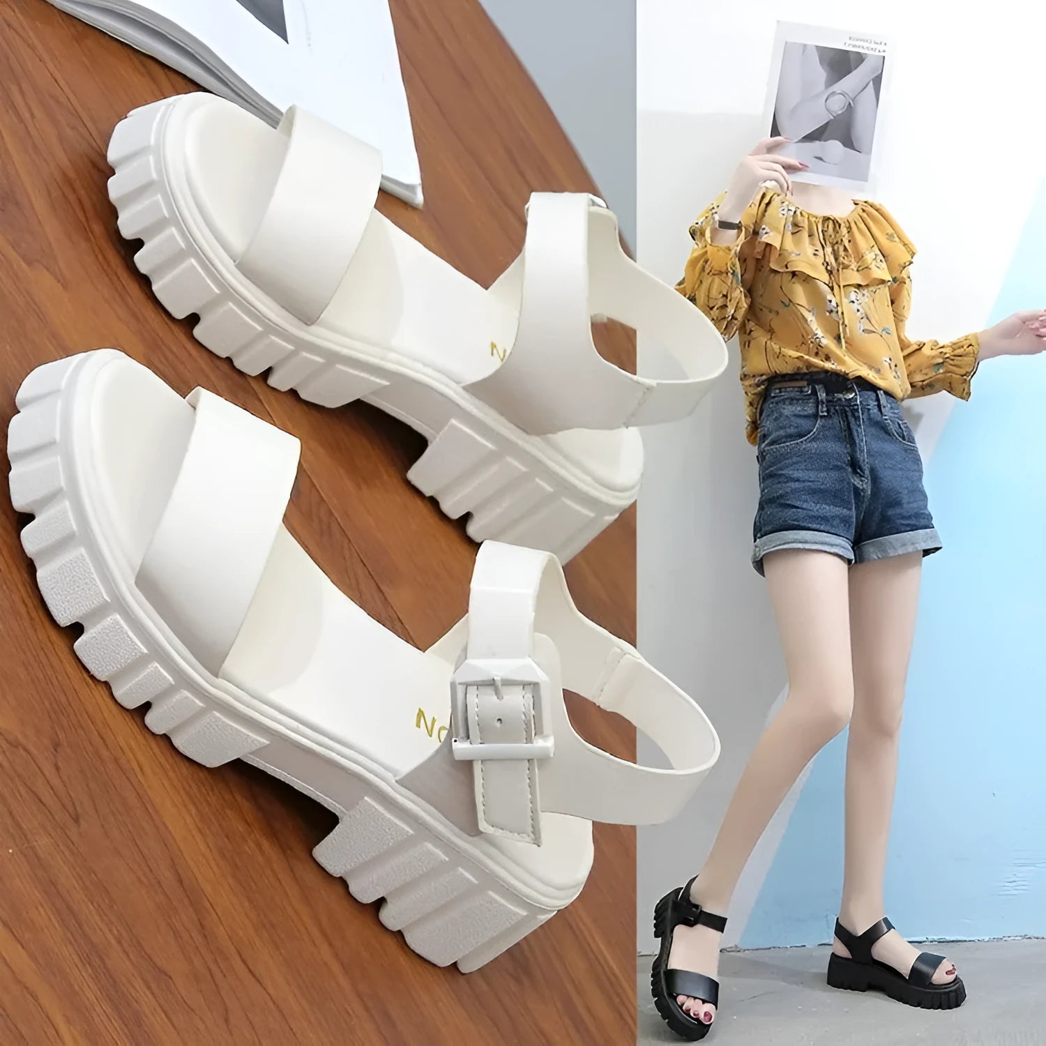 Women's beige peep toe ankle-strap buckle platform sandals with a fish mouth toe holder on a white background.