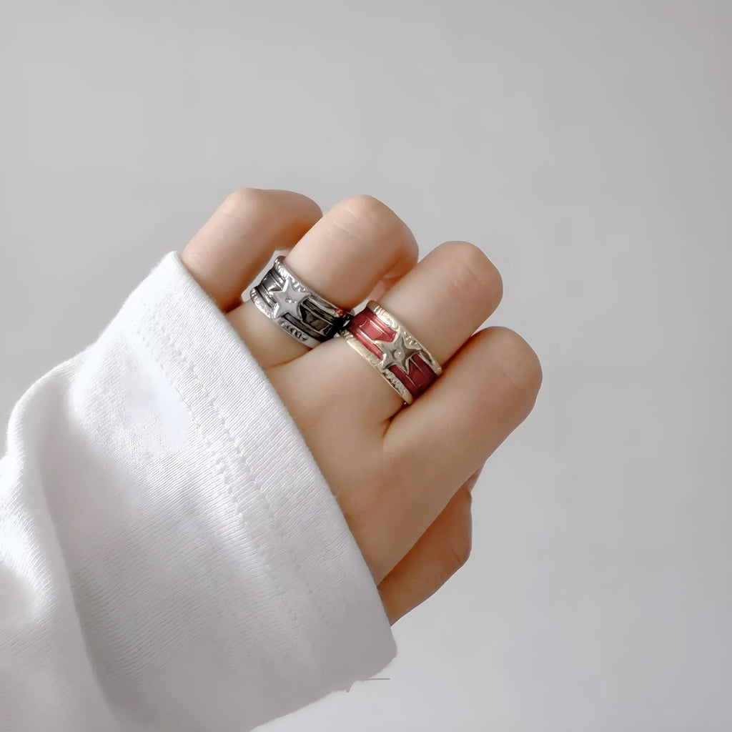 Adjustable copper geometry ring with distressed electroplated finish in four colour options