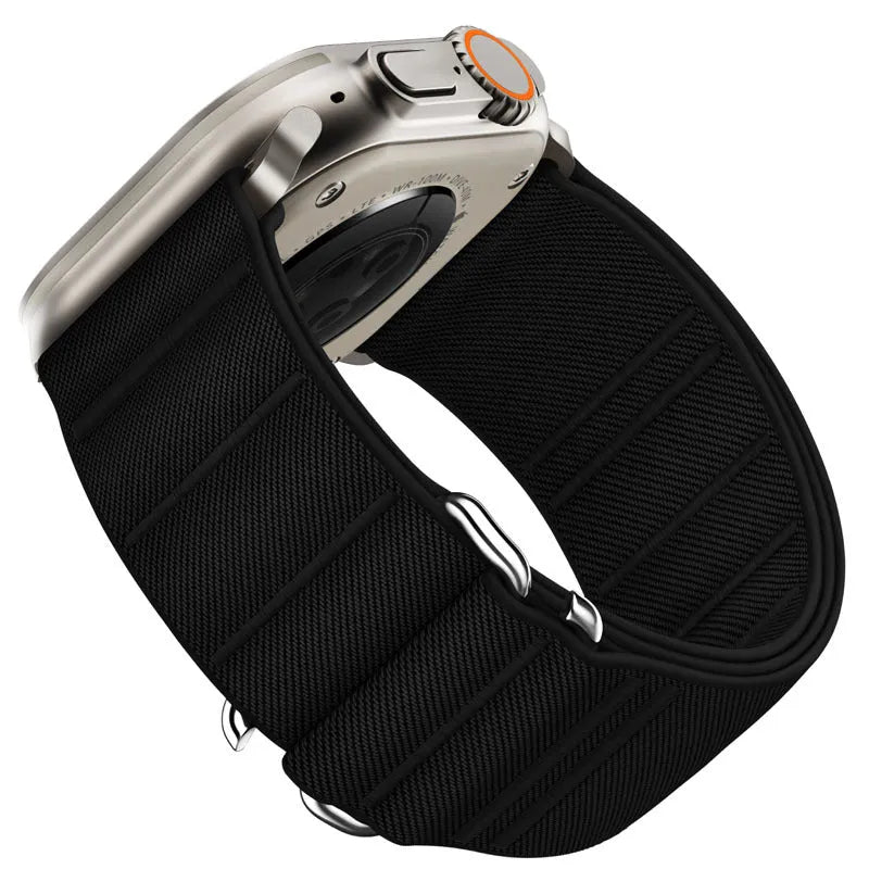 Elastic nylon watchband with stainless steel buckle for Apple Watch in multiple colour options.