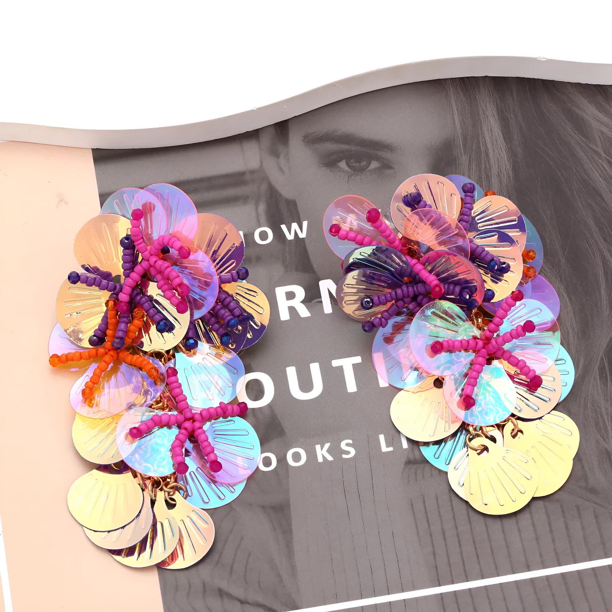 Handmade flower bead earrings in colourful, purple and rose colours with European American exaggerated style