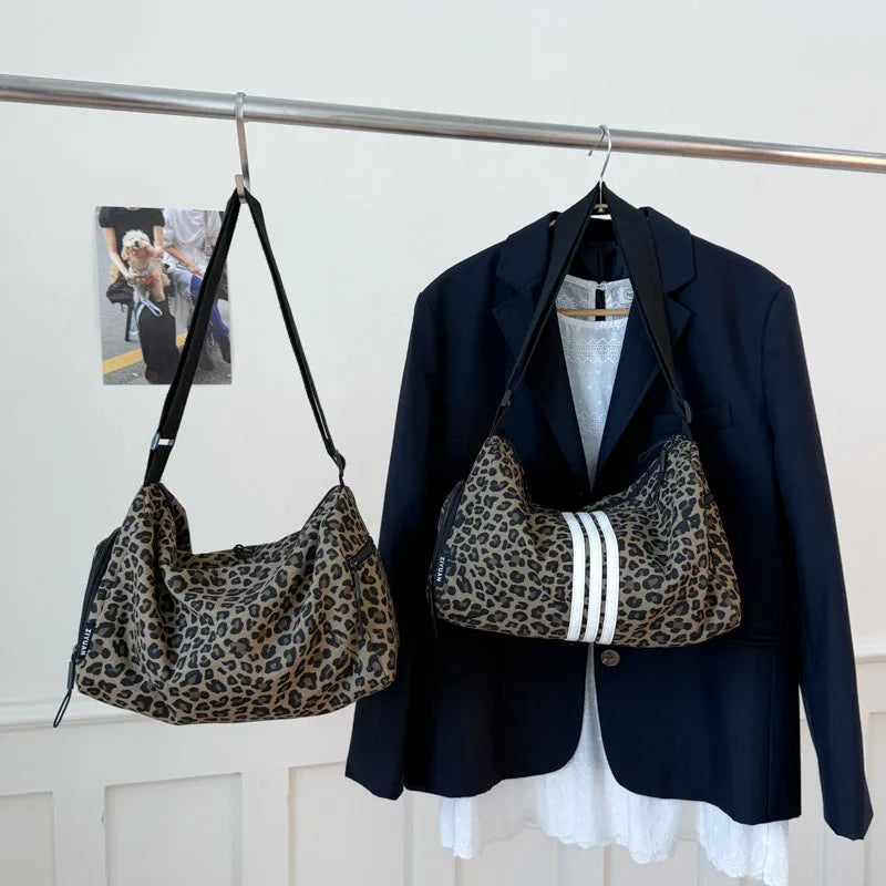 Leopard print sports style cross-body messenger bag with large capacity and cloth construction
