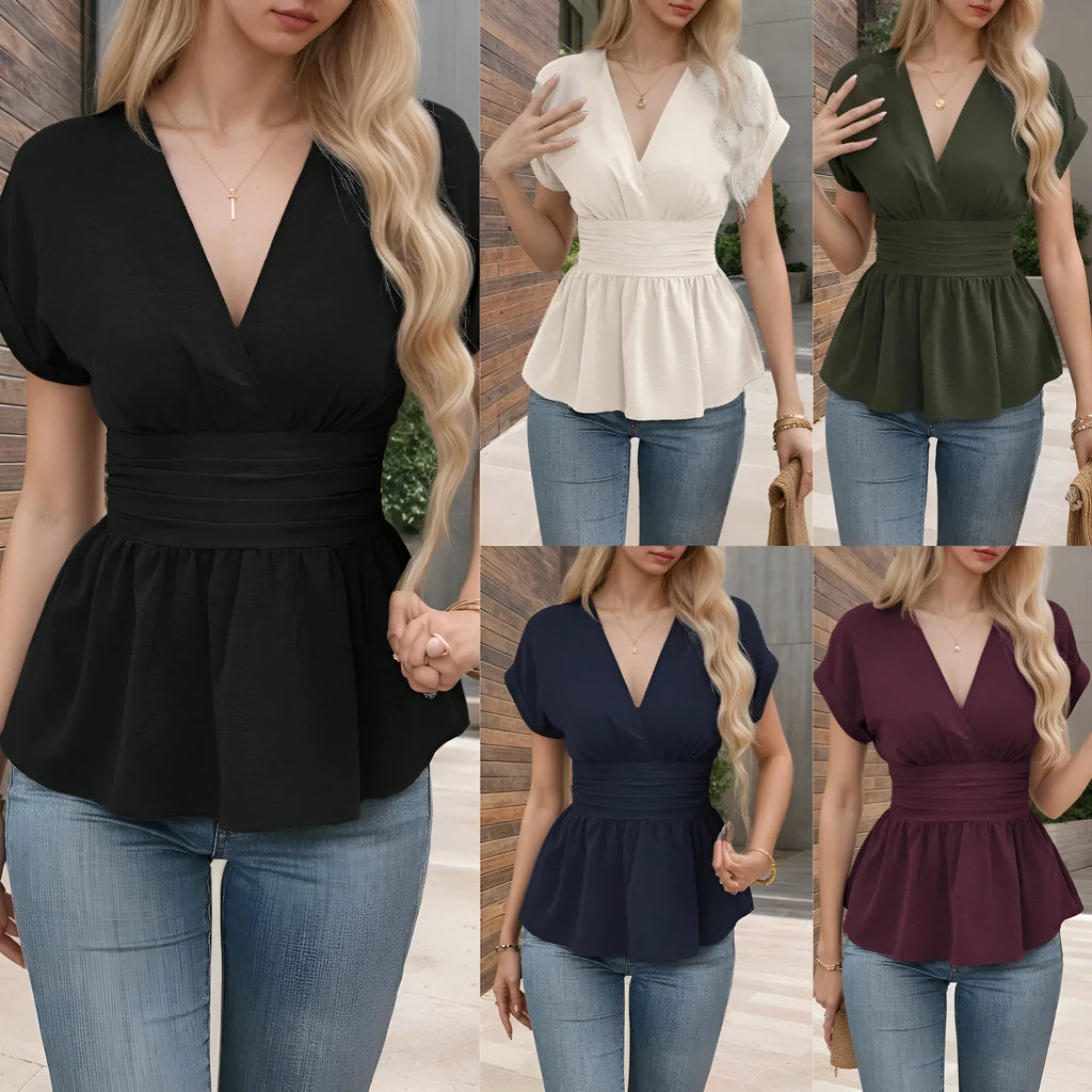 Women's polyester v-neck summer top with waist pleats in slim fit