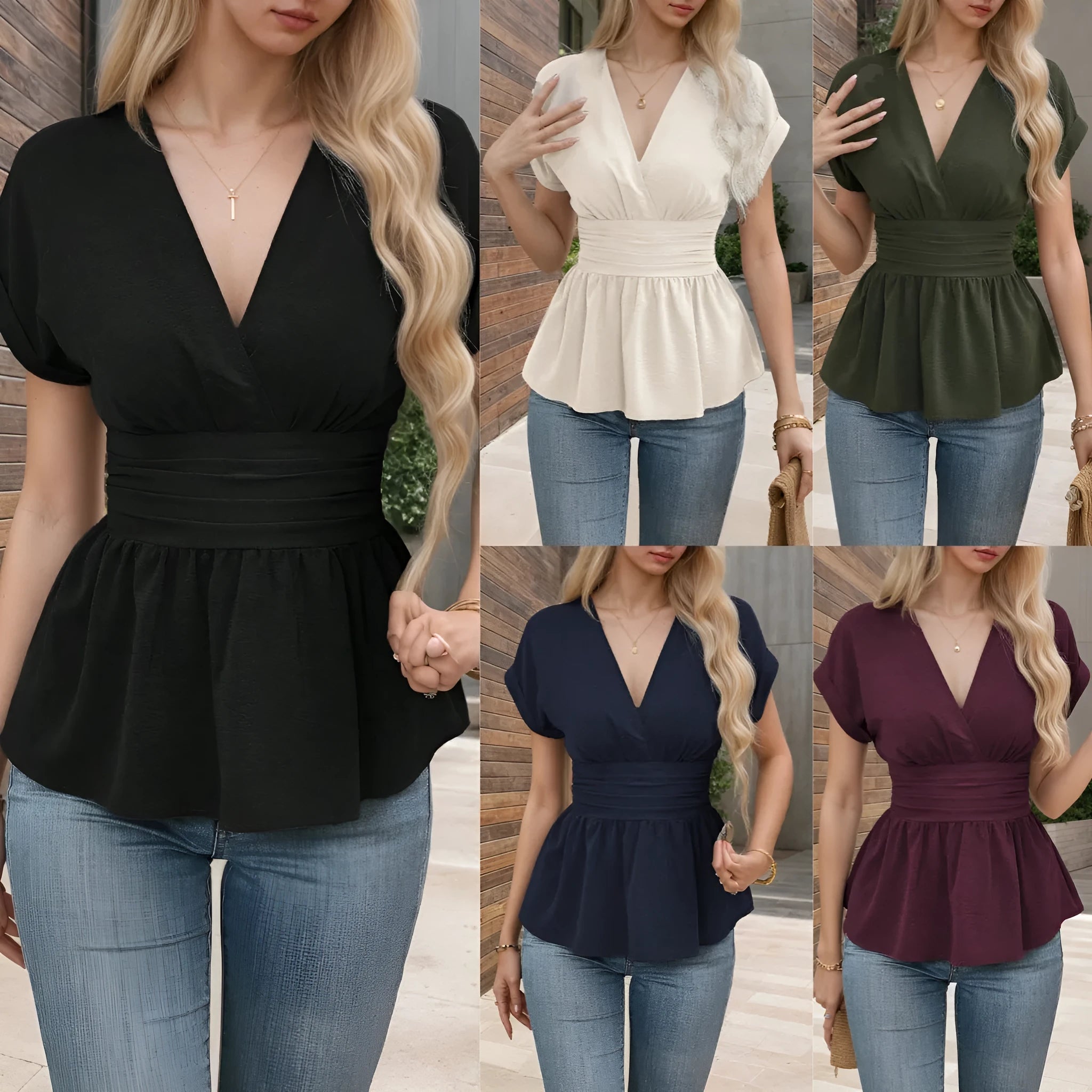 Women's polyester v-neck summer top with waist pleats in slim fit