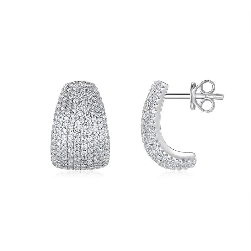 Geometric shaped S925 sterling silver ear studs with moissanite stones, shown with alloy backs.