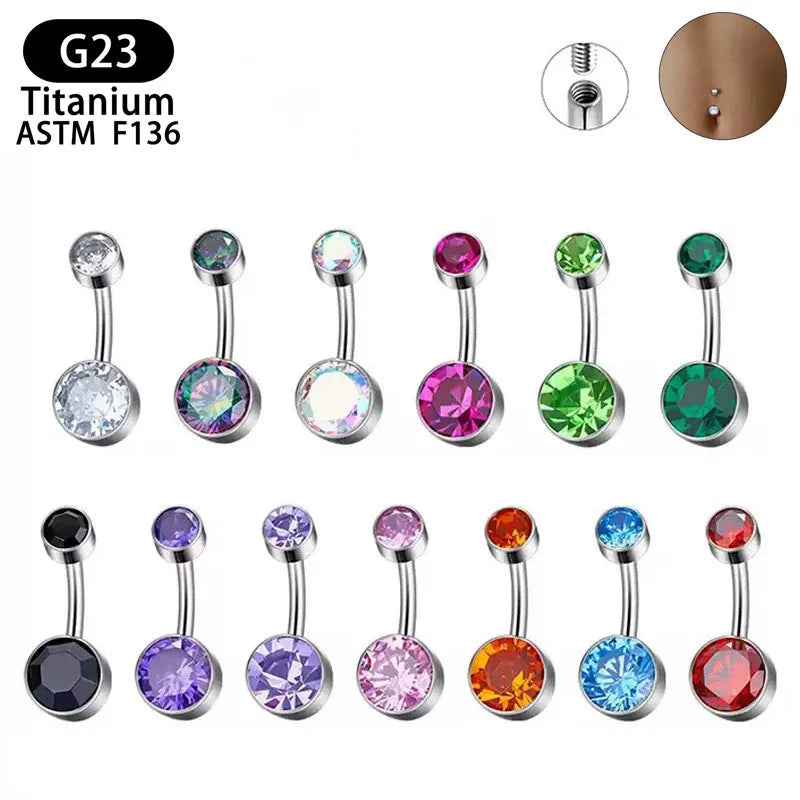 Titanium alloy navel piercing stud with double zircon decoration and internal thread closure in various colours