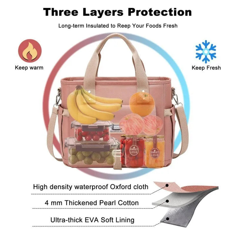 Portable cube-shaped thermal picnic bag with a removable shoulder strap and side pocket.