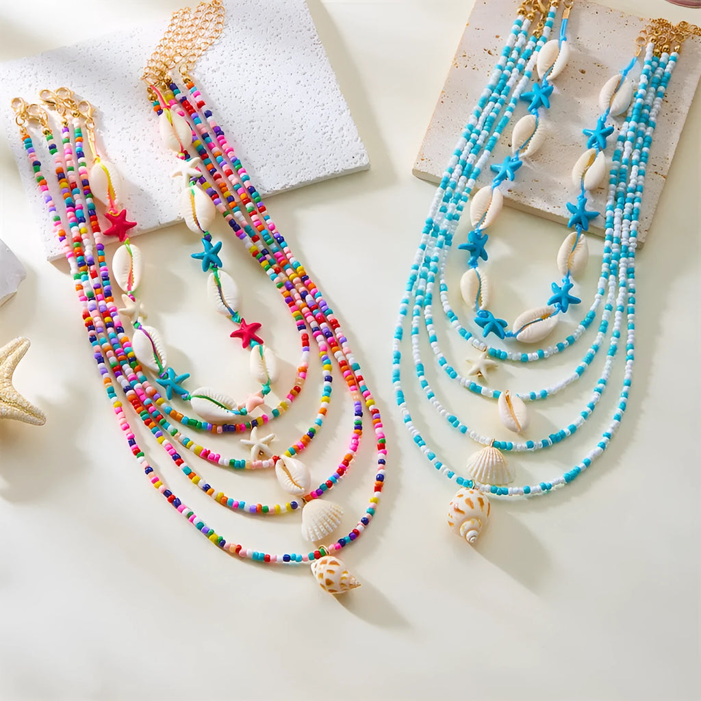 Blue and multicolour women's shell bead necklace set with five layered pieces