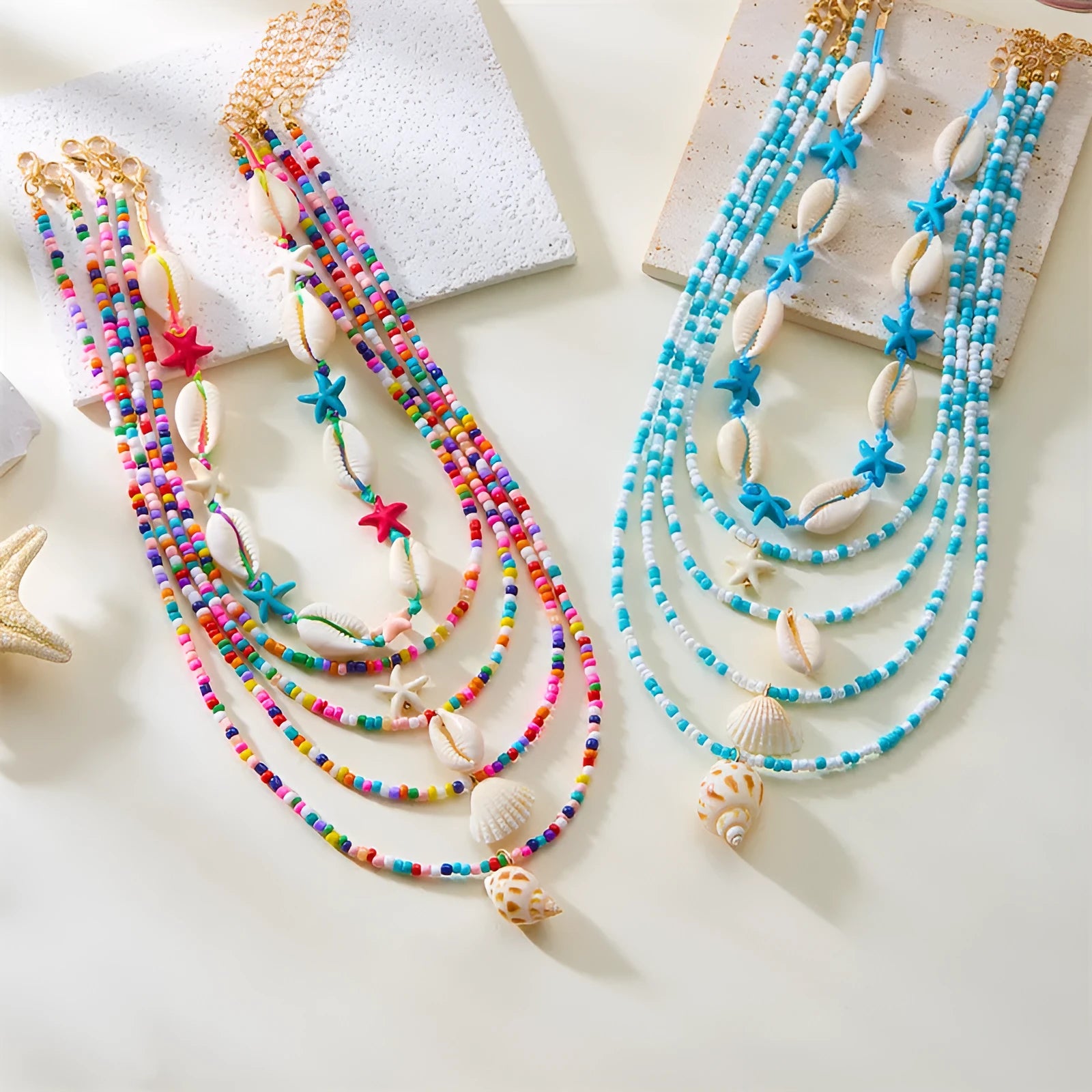 Blue and multicolour women's shell bead necklace set with five layered pieces