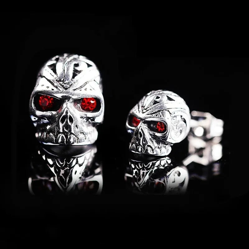 Retro skull stud earrings with red eye ghost head design and gemstone inlay