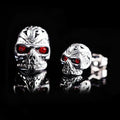 Retro skull stud earrings with red eye ghost head design and gemstone inlay