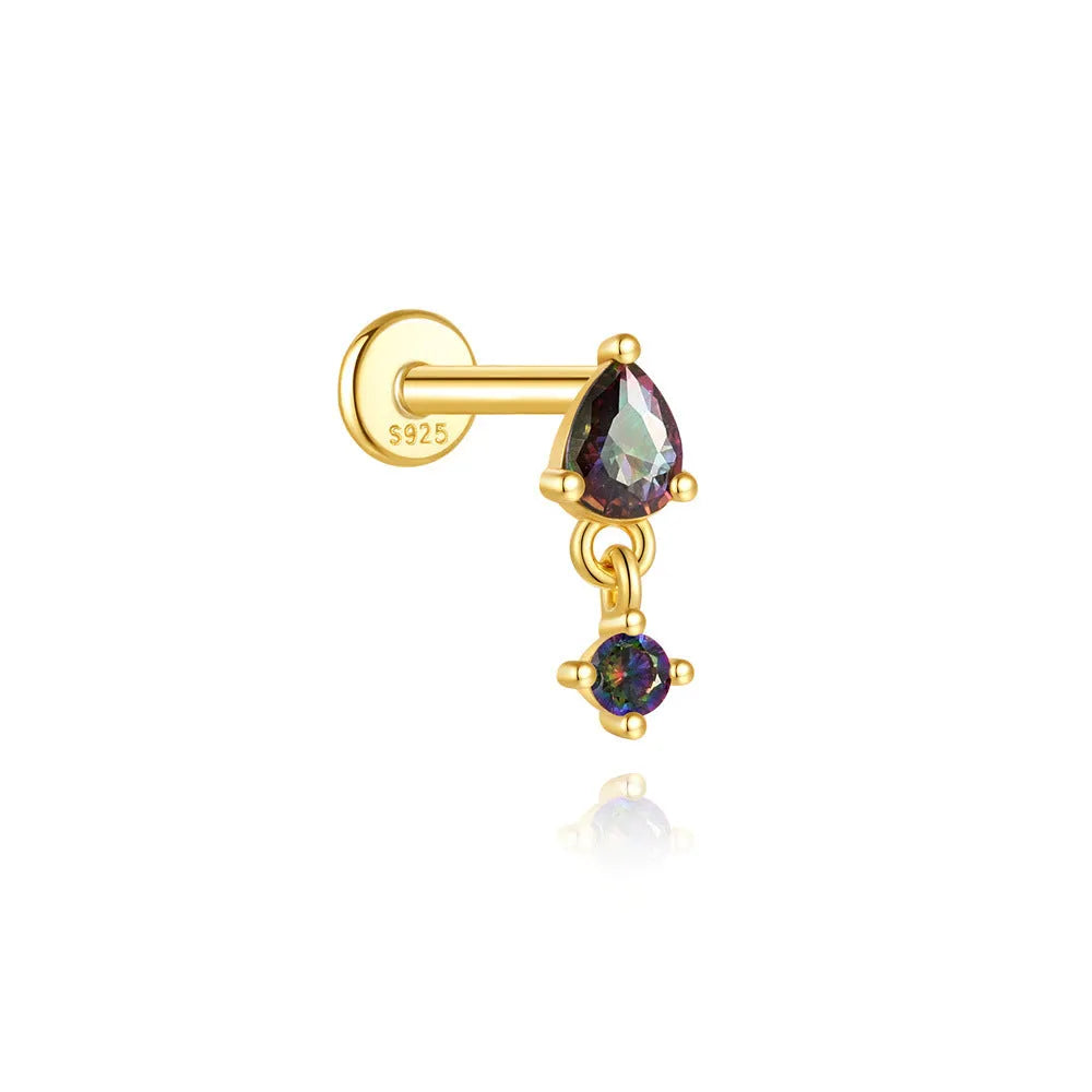S925 sterling silver flat head thread piercing with rainbow stone accents in gold tone