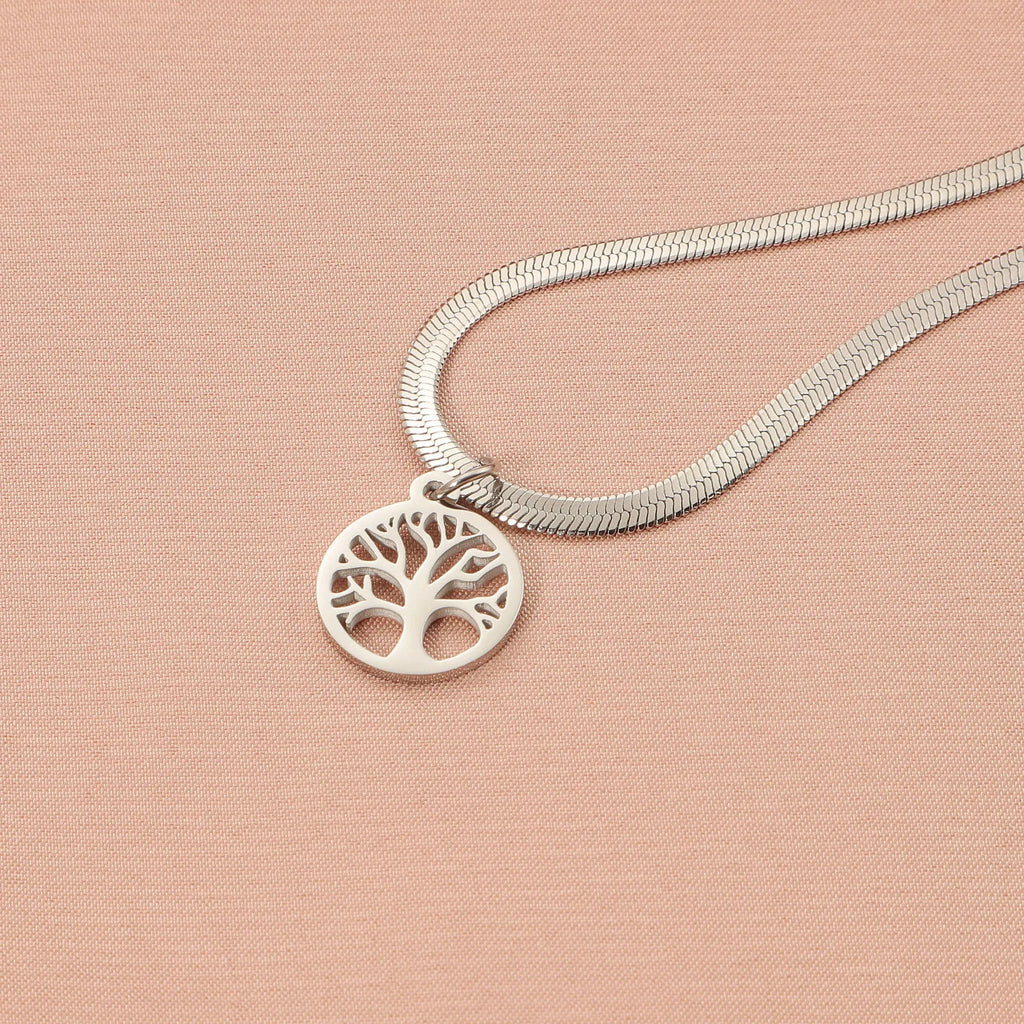 Stainless steel necklace with tree pendant on snake bone chain in gold colour option