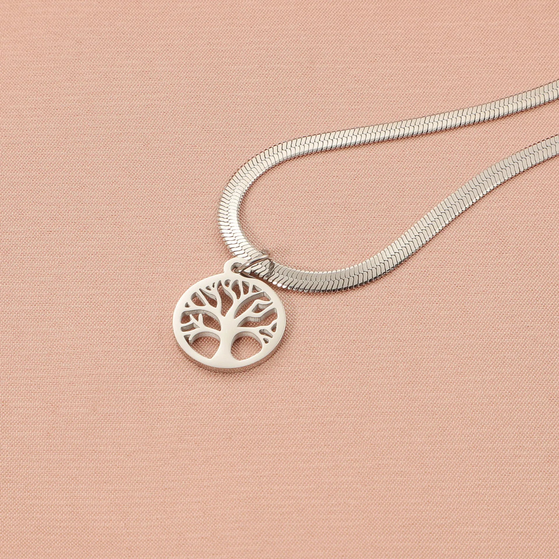 Stainless steel necklace with tree pendant on snake bone chain in gold colour option