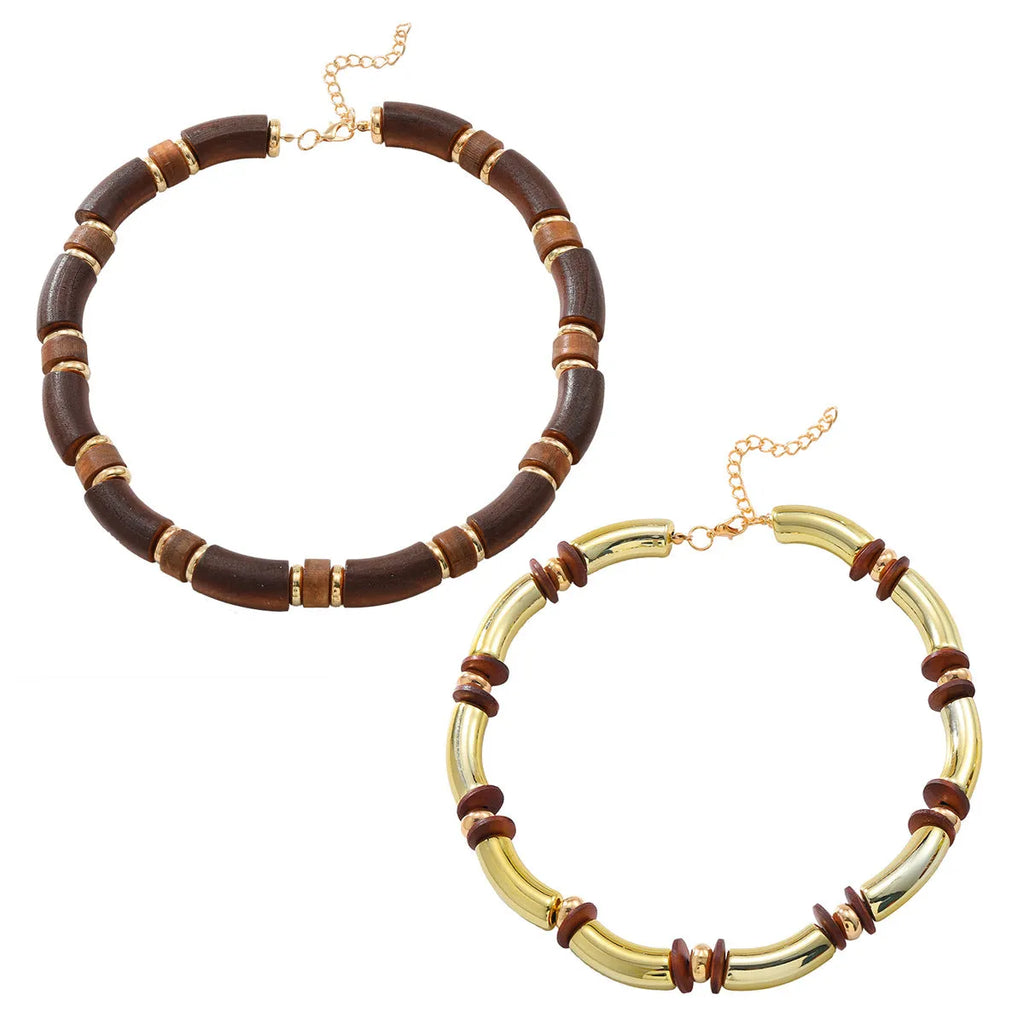 European exaggerated style multi-layer wooden necklace and bracelet set with alloy chain
