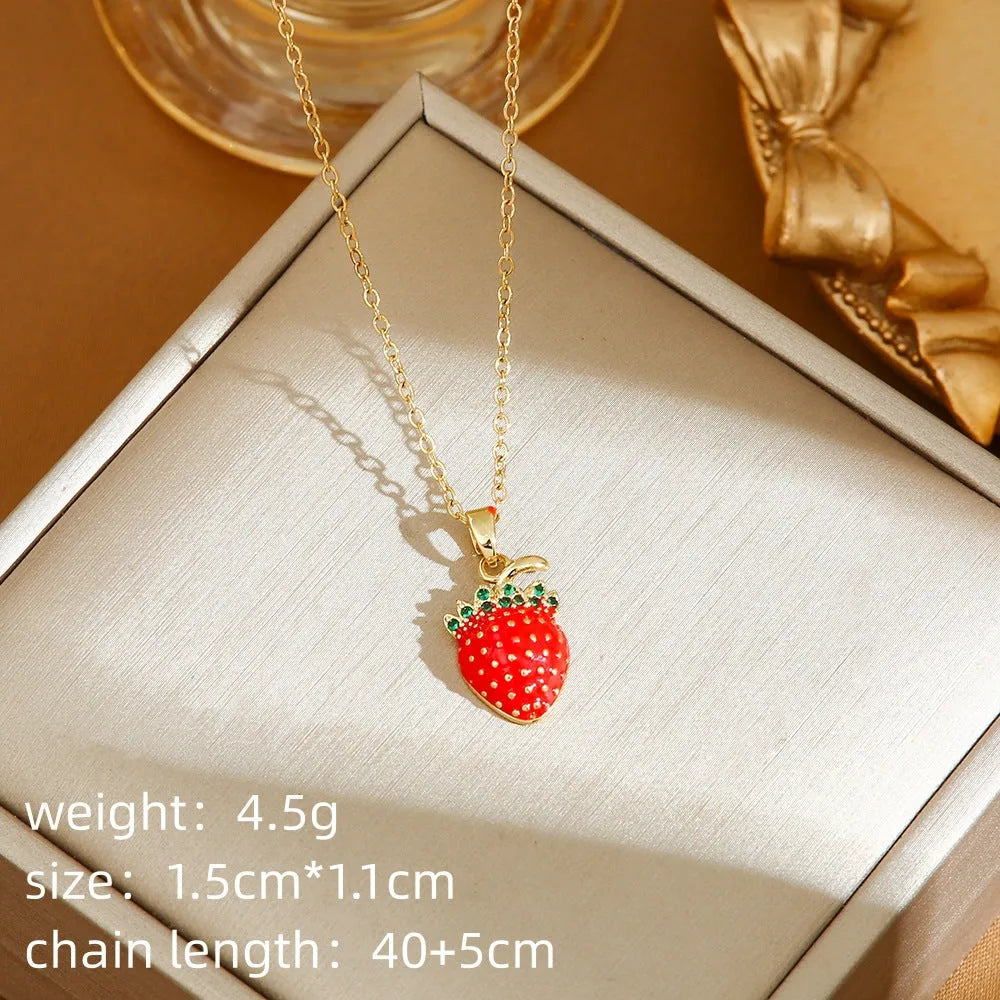 Titanium steel necklace with delicate cherry, strawberry, and pepper charms on O-ring chain