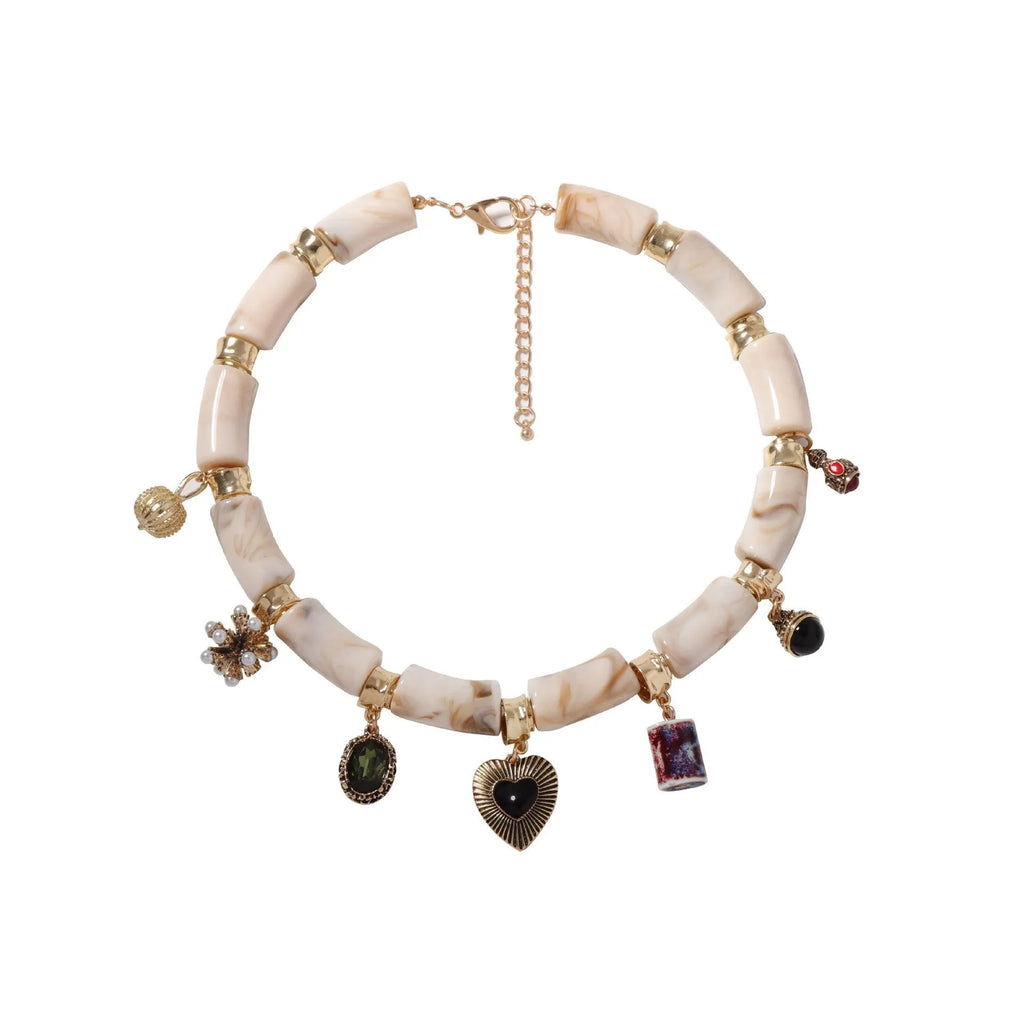 Heart-shaped resin and bamboo pendant necklace with electroplated chain