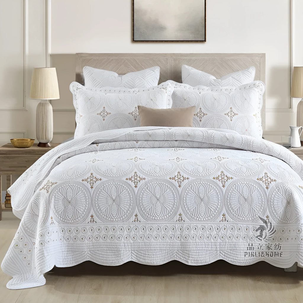 Pure cotton European-style embroidery bedspread set with two pillowcases for 1.8 metre bed