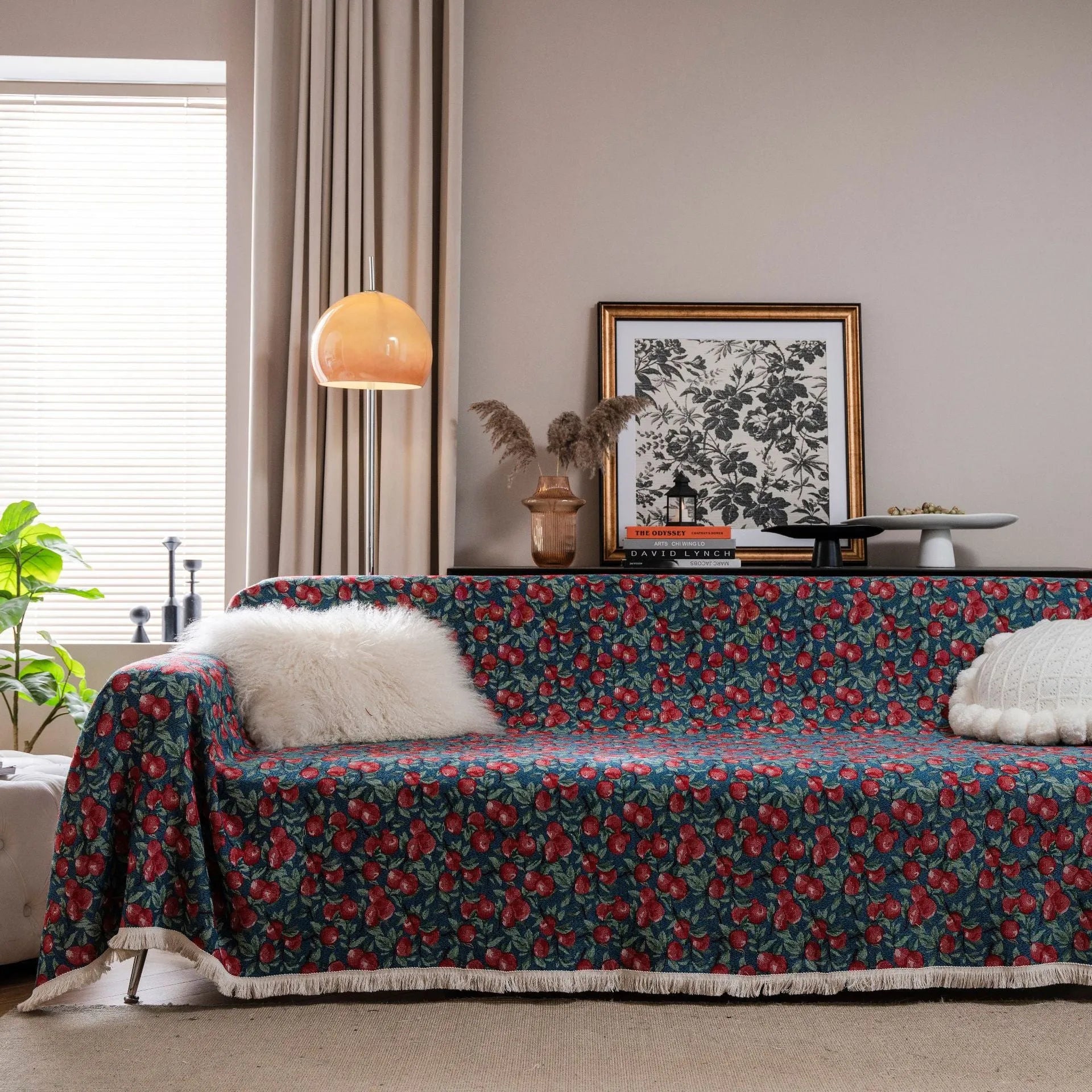 American country style jacquard sofa cover in a thick fabric, shown on a sofa.
