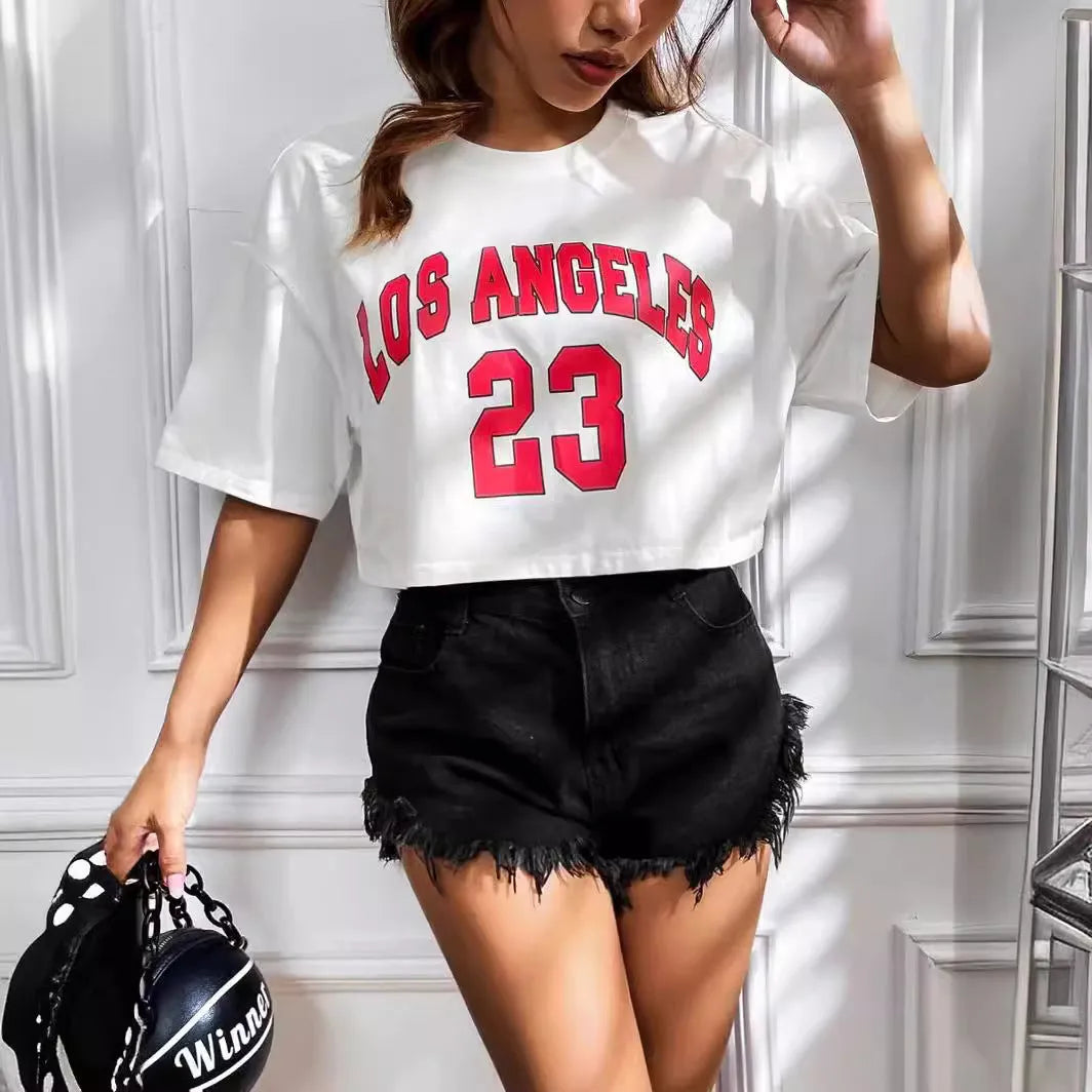 Loose cotton navel t-shirt with printed English letters in black or white, short sleeve Japanese casual summer top