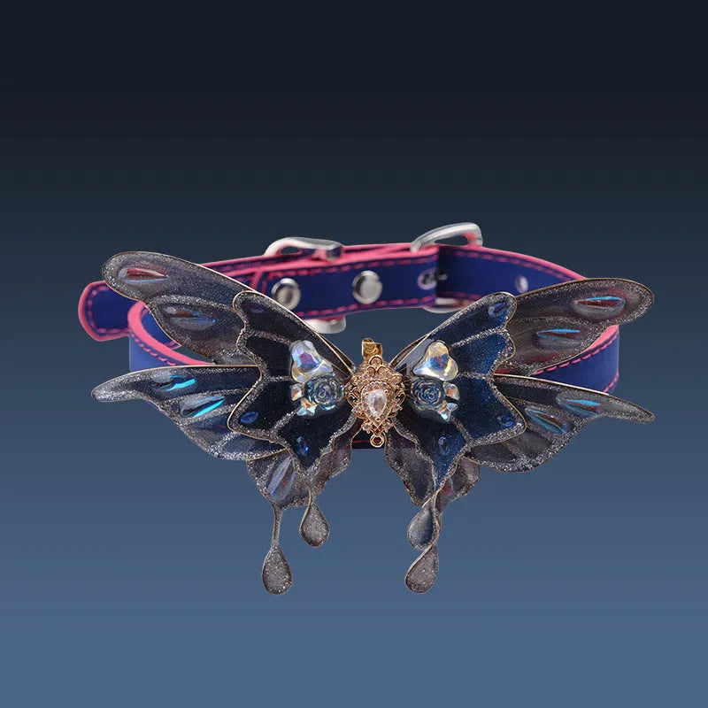 Purple butterfly collar with temperature change feature and rhinestone decoration on alloy chain