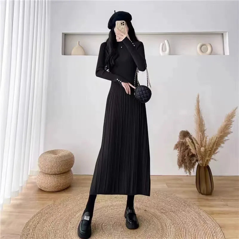 Women's high waist A-line midi skirt in acrylic polyester blend, shown in beige colour.