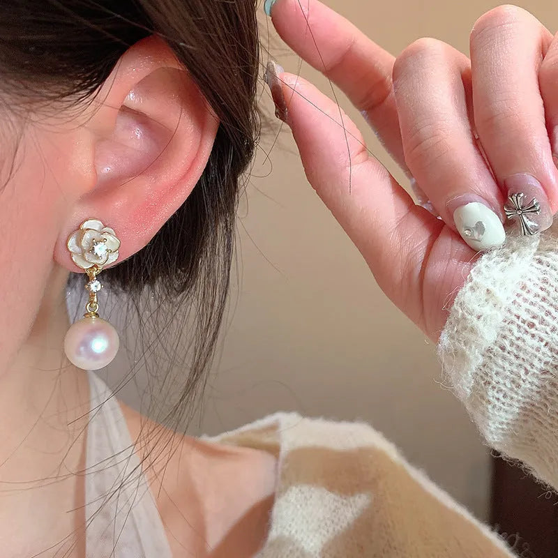 Camellia flower stud earrings for women with alloy construction and floral design