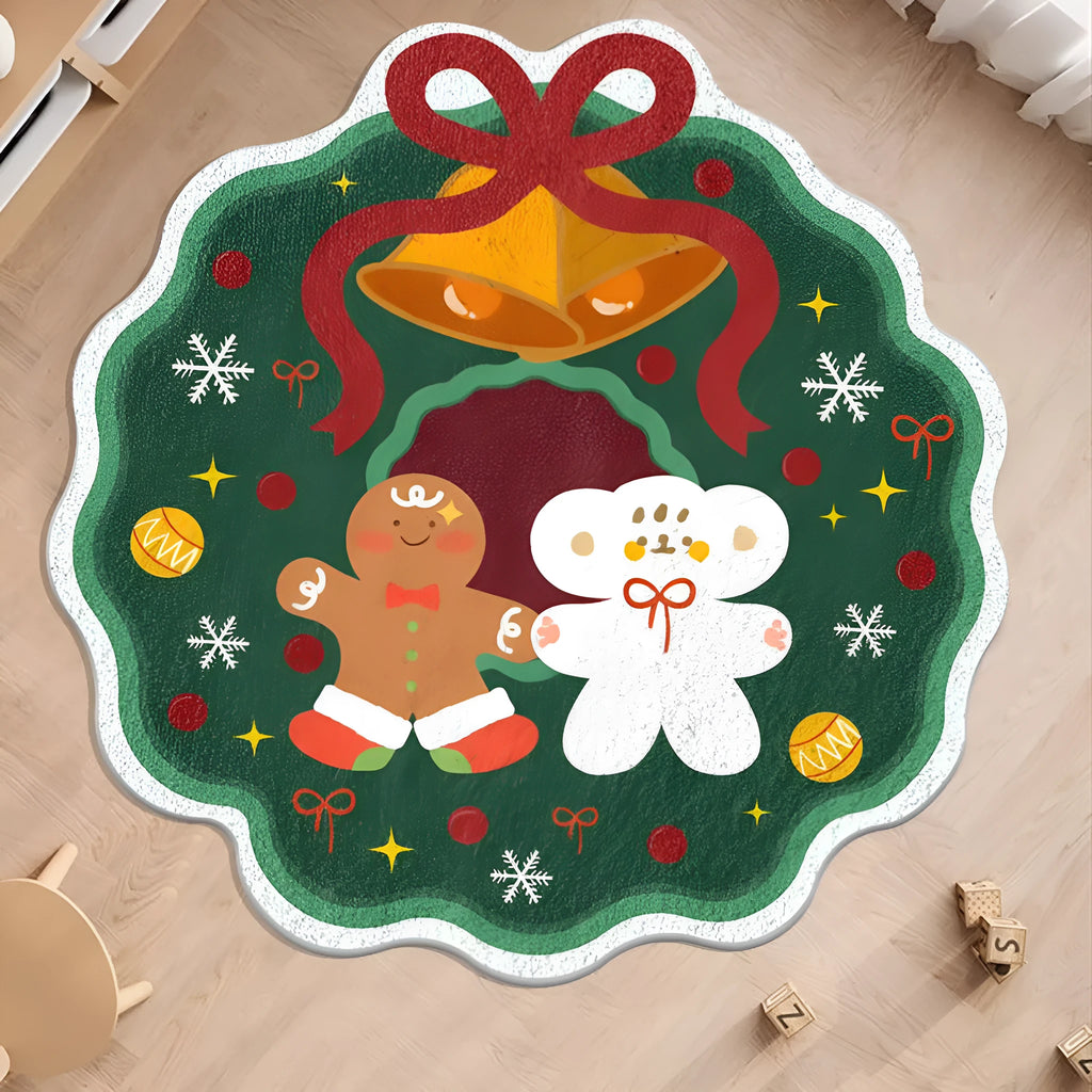Alien-shaped Christmas round floor mat with cashmere-like texture and festive patterns